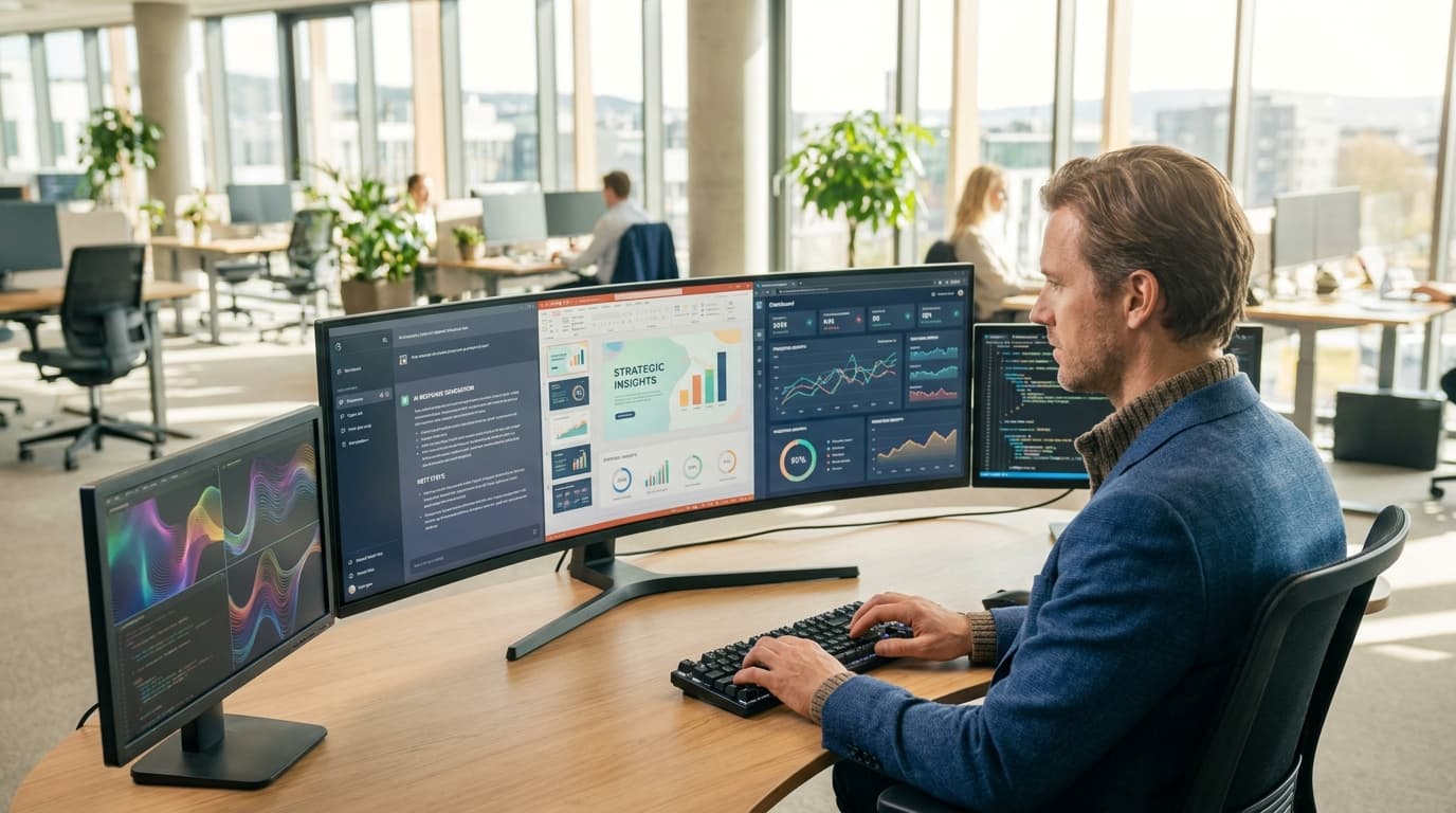 Skjermvegg i moderne kontor som viser flere KI-apper brukt samtidig av en ansatt