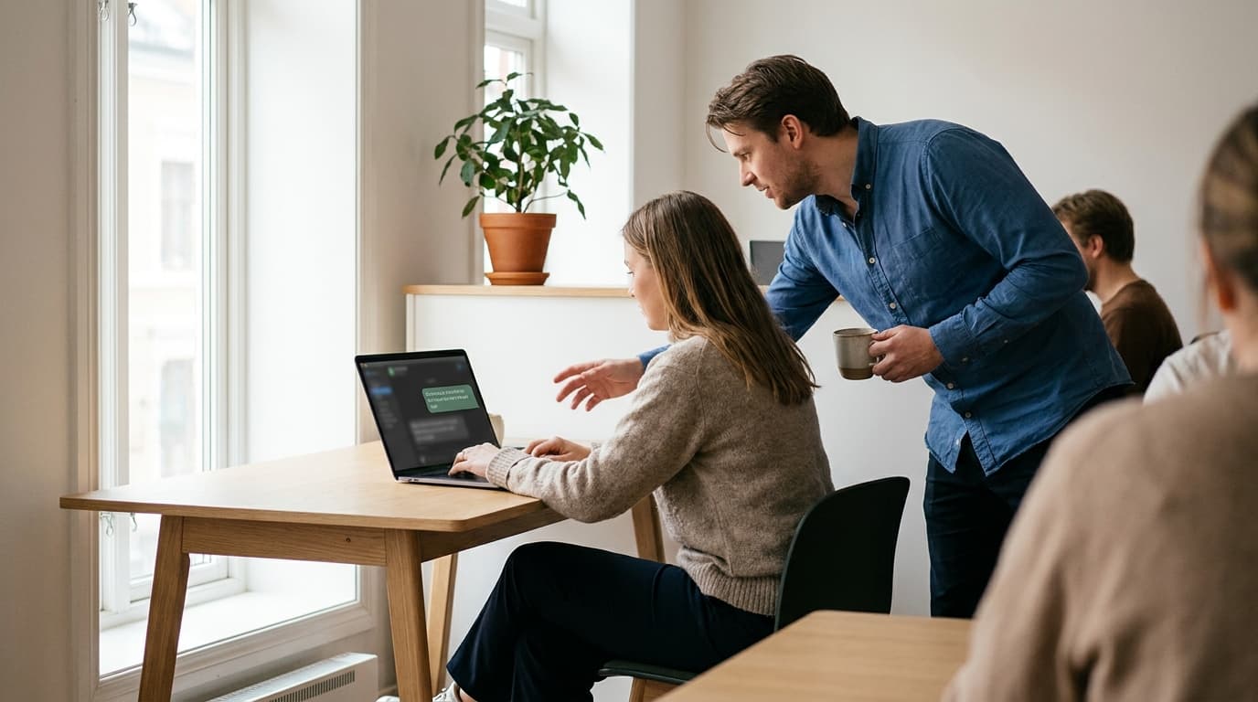 To kollegaer i et norsk kontor diskuterer svaret fra ChatGPT på en bærbar datamaskin