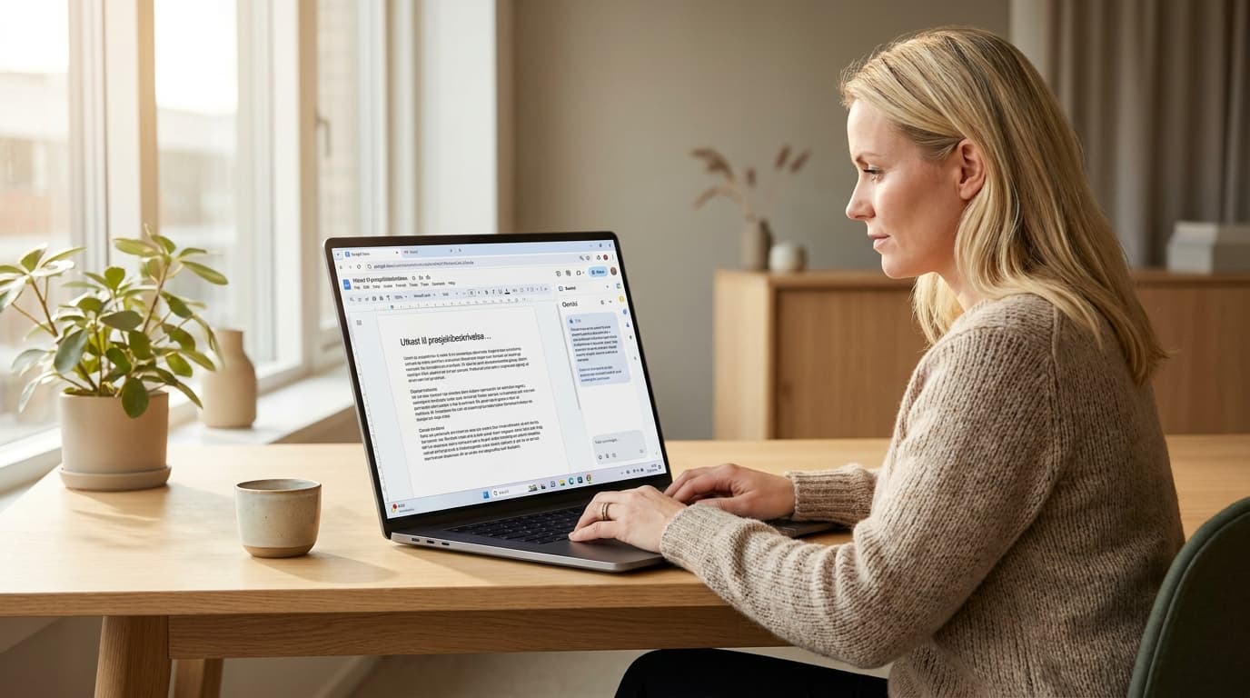 Ansatt som skriver e-post i Gmail med Google Gemini-hjelper på skjermen