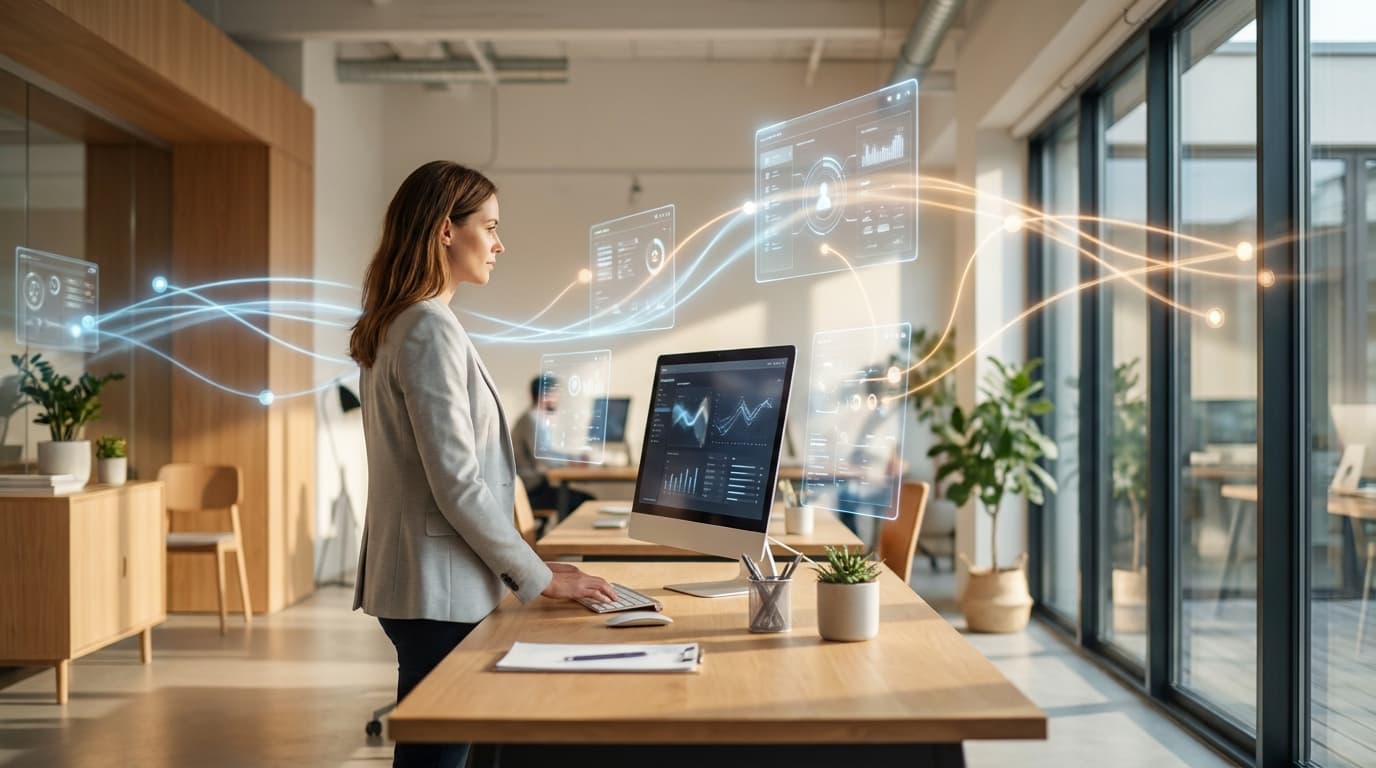 Bedriftsleder som overvåker en automatisert arbeidsflyt der en KI-agent håndterer oppgaver i bakgrunnen