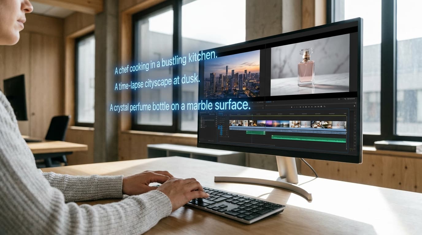 Konseptbilde av kunstig intelligens som genererer videosekvenser fra tekst-prompt på en monitor