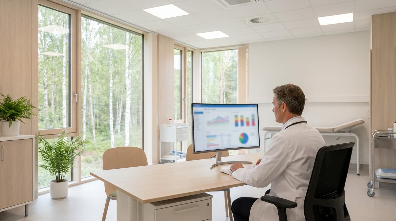 Lege ved skrivebord i moderne norsk legekontor ser på en dataskjerm med anonymisert pasientjournal
