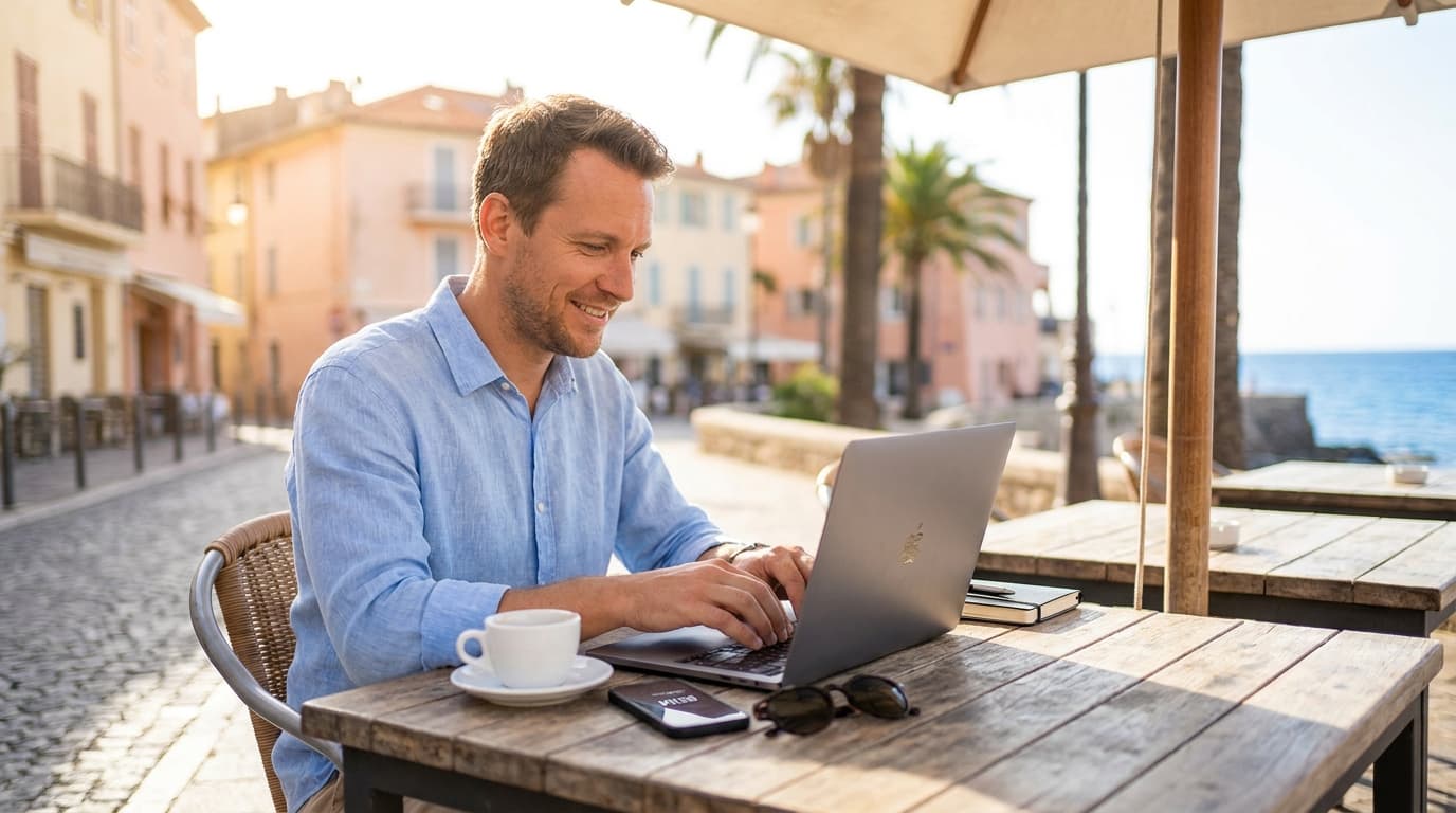 Digital nomade fra Norge jobber på laptop på utekafé i solrik by