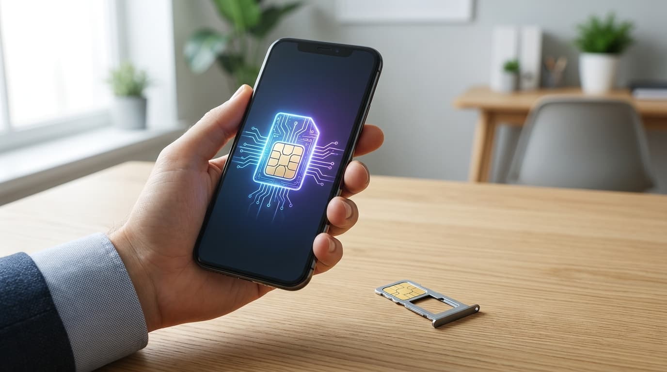 Smarttelefon med digital SIM ved siden av et fysisk SIM-brikke på et skrivebord