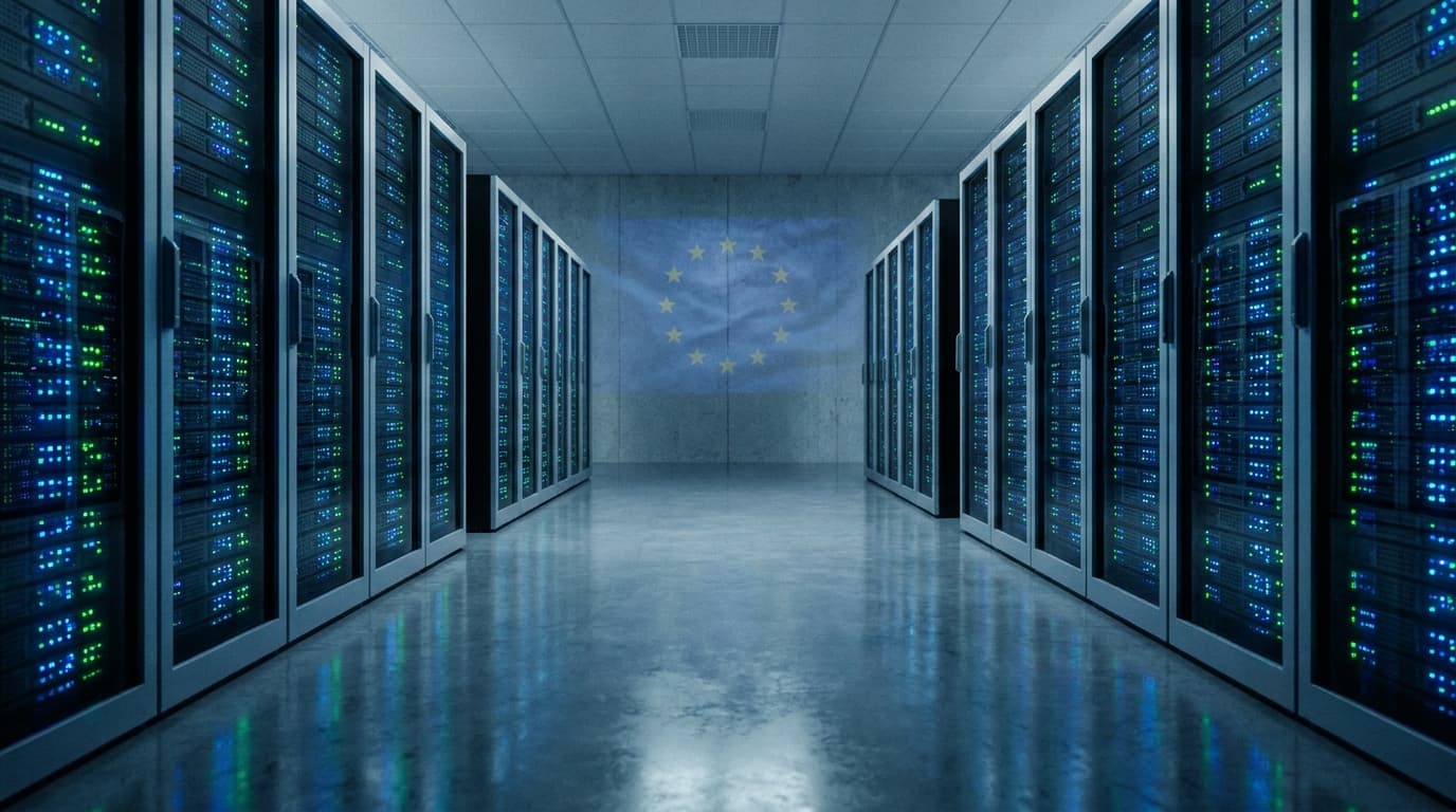 Moderne europeisk serverrom med rader av serverracks og subtile EU-stjerner i bakgrunnen