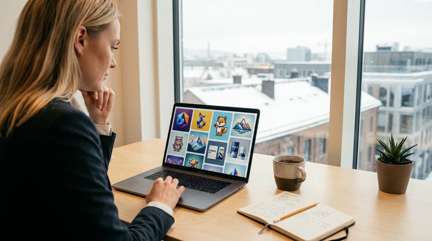 Markedsfører ser på en skjerm med KI-genererte bilder i et lyst kontorlandskap