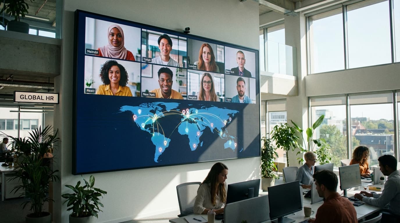 Globalt team med medarbeidere fra flere land i videomøte