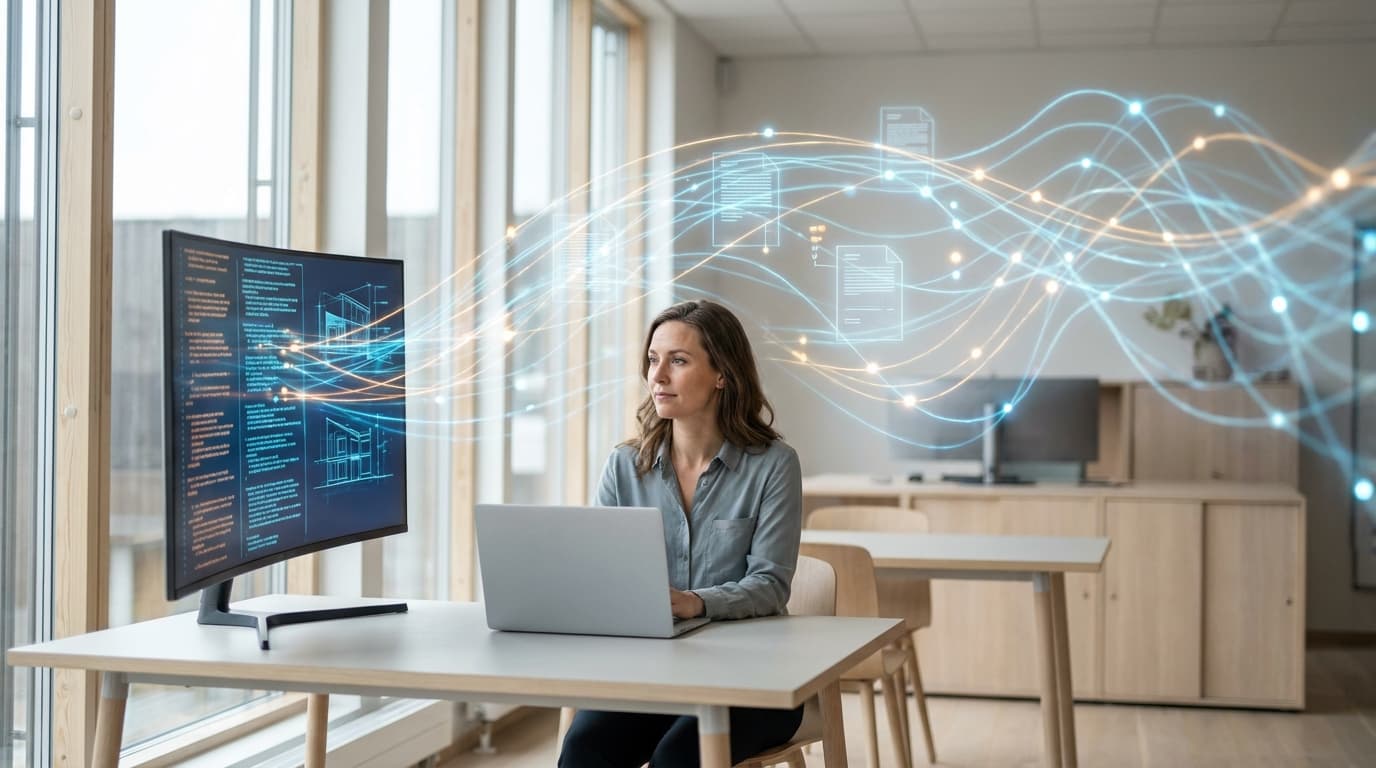 Visualisering av nevralt nettverk som genererer tekst og bilder på skjerm i moderne kontorlandskap