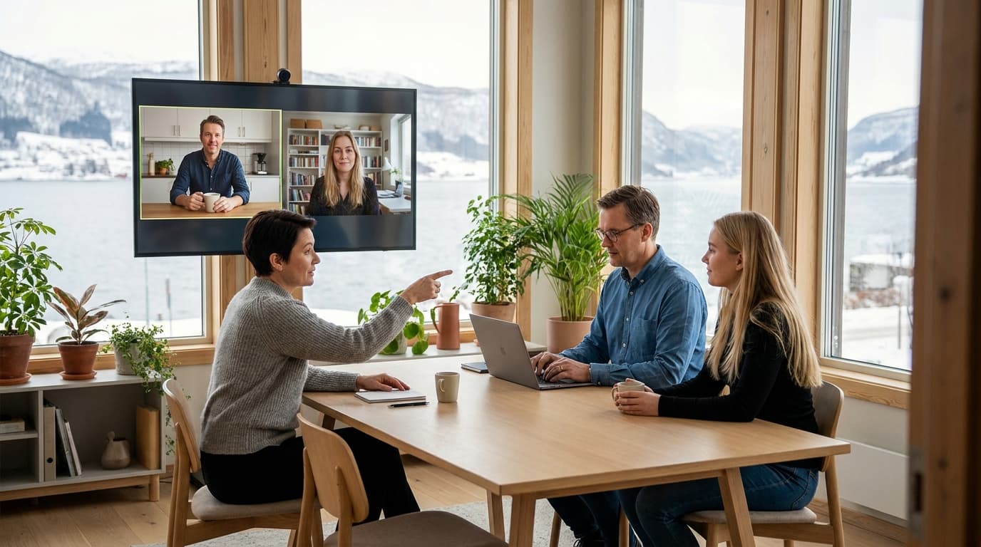 Hybridmøte i et moderne norsk kontor hvor tre personer sitter rundt et bord og to kolleger deltar på storskjerm fra hjemmekontor