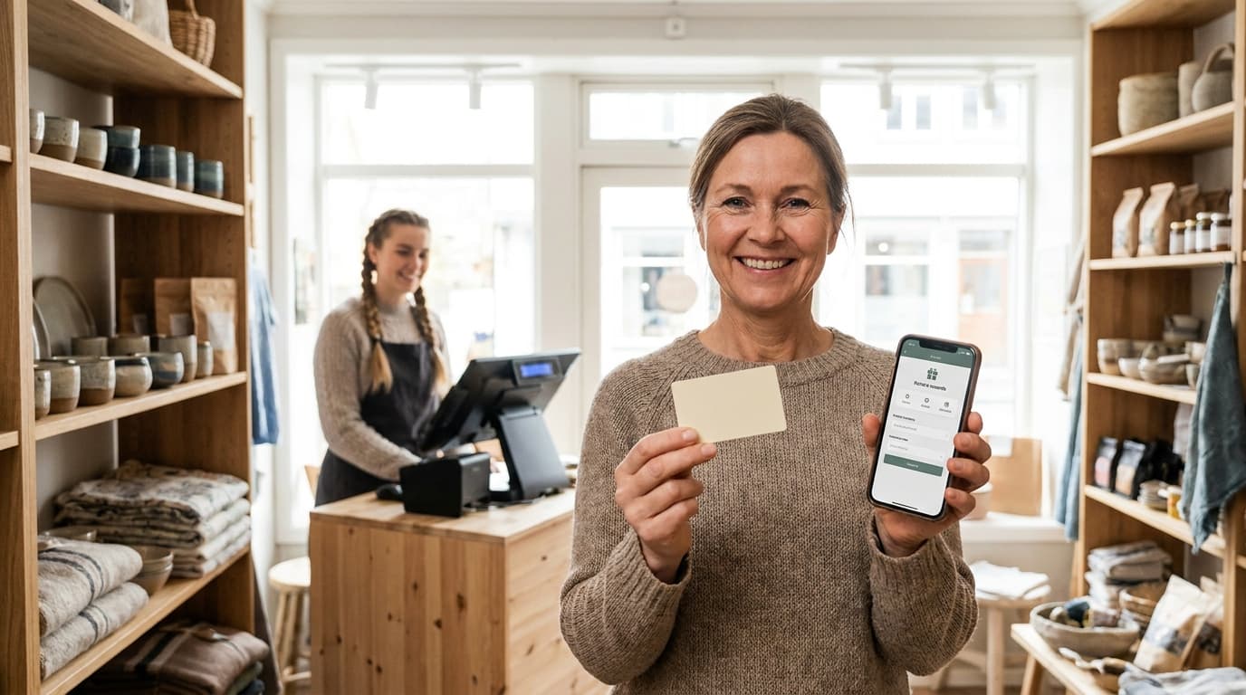 Fornøyd kunde i norsk butikk som viser medlemskort og app for kundeklubb på mobilen