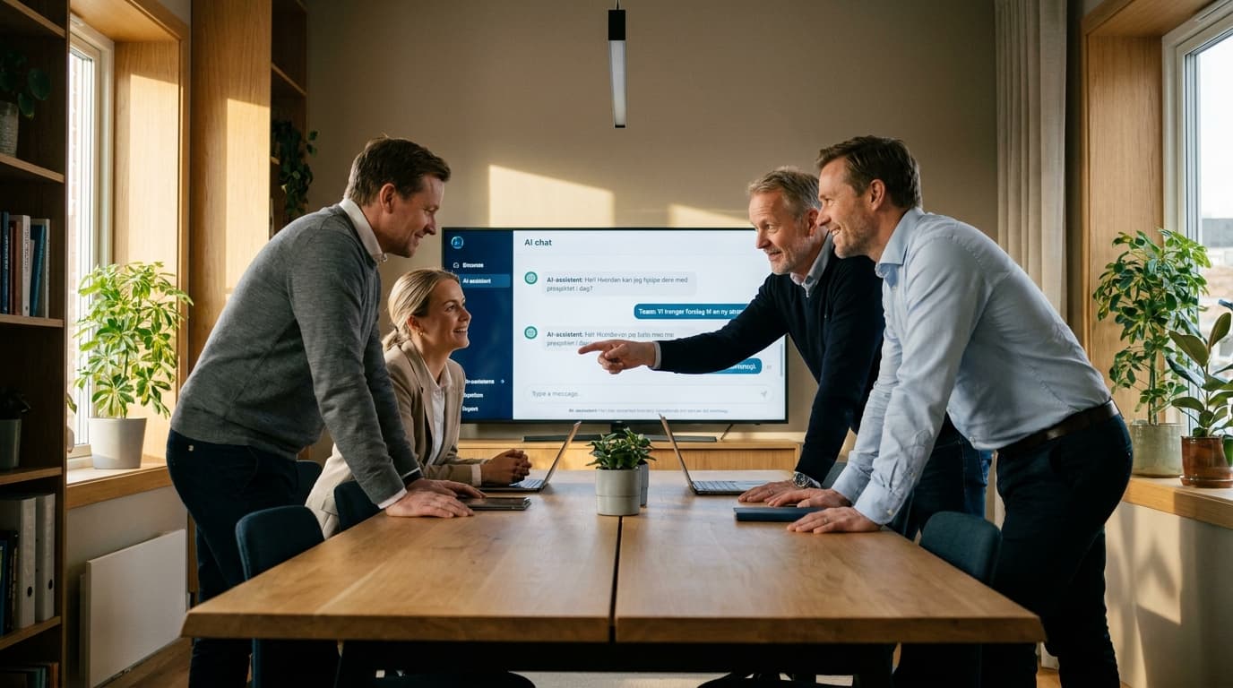 Norsk småbedrift-team samarbeider rundt en skjerm som viser et KI-verktøy