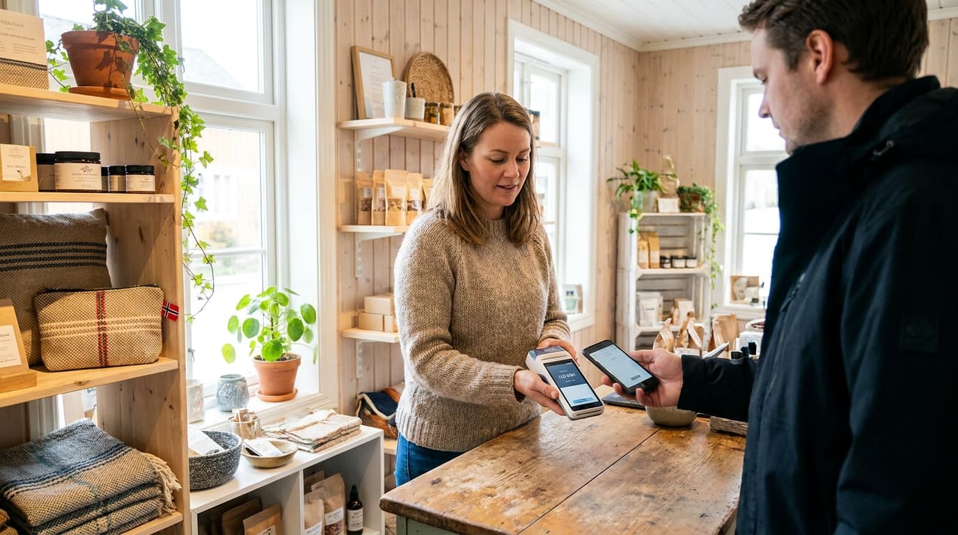 Butikkeier tar imot kontaktløs betaling med kortterminal i liten norsk butikk