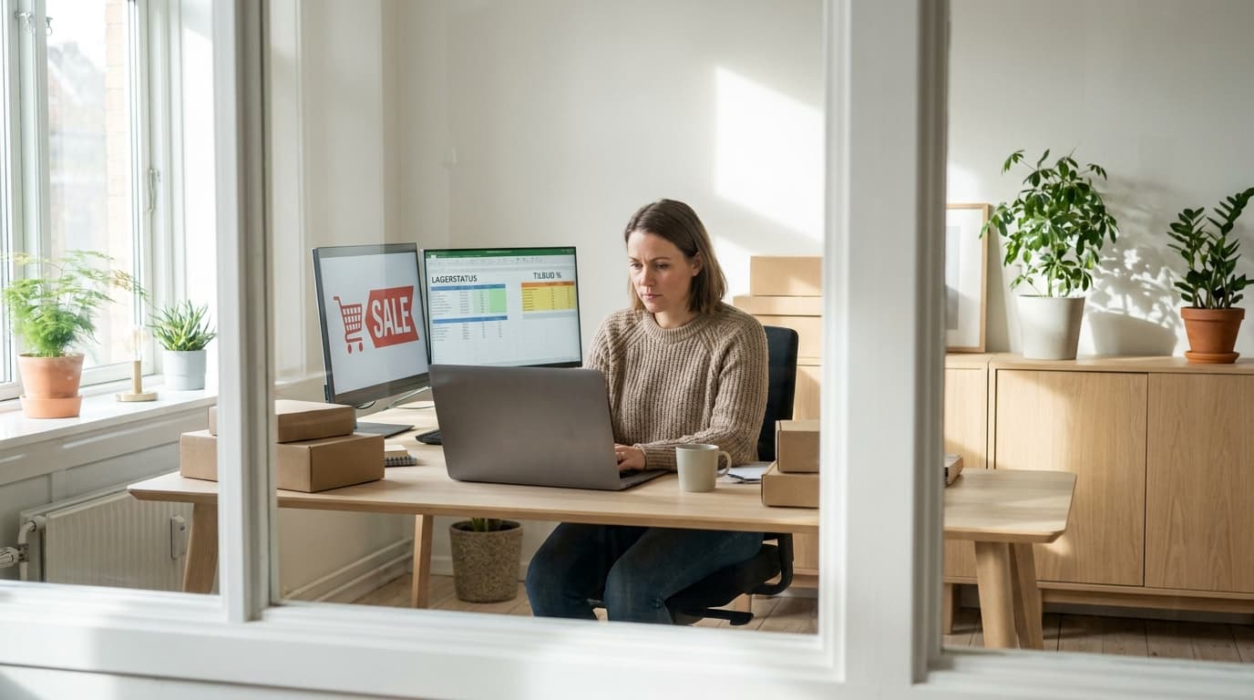 Nettbutikkeier forbereder Black Friday-salg foran skjerm som viser handlekurv og SALE-banner