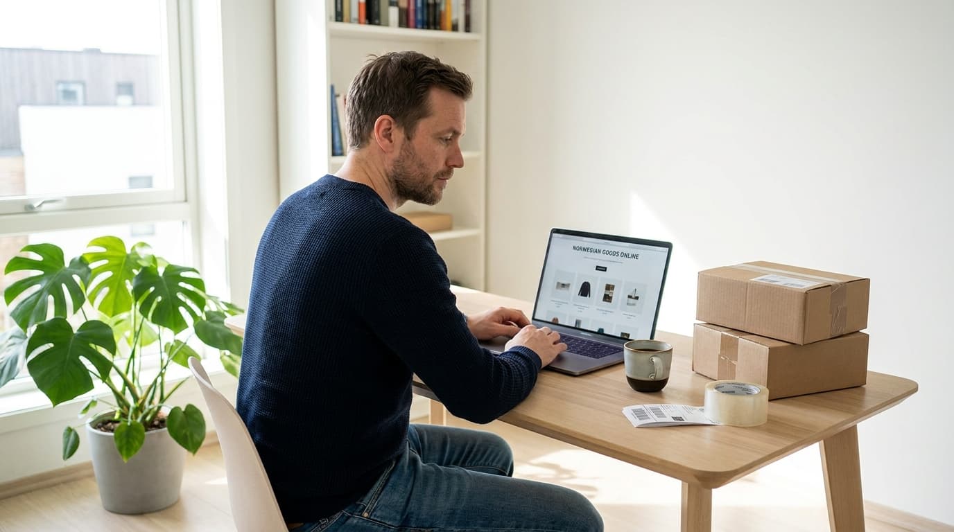 Norsk gründer på hjemmekontor med nettbutikk på skjermen og pakker klar for sending på pulten