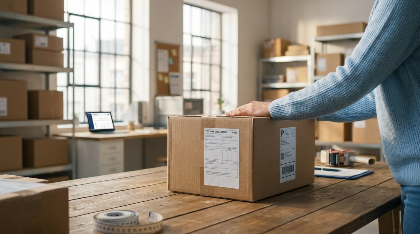 Pakke med tolldokumenter på pakkebord i et nettbutikklager