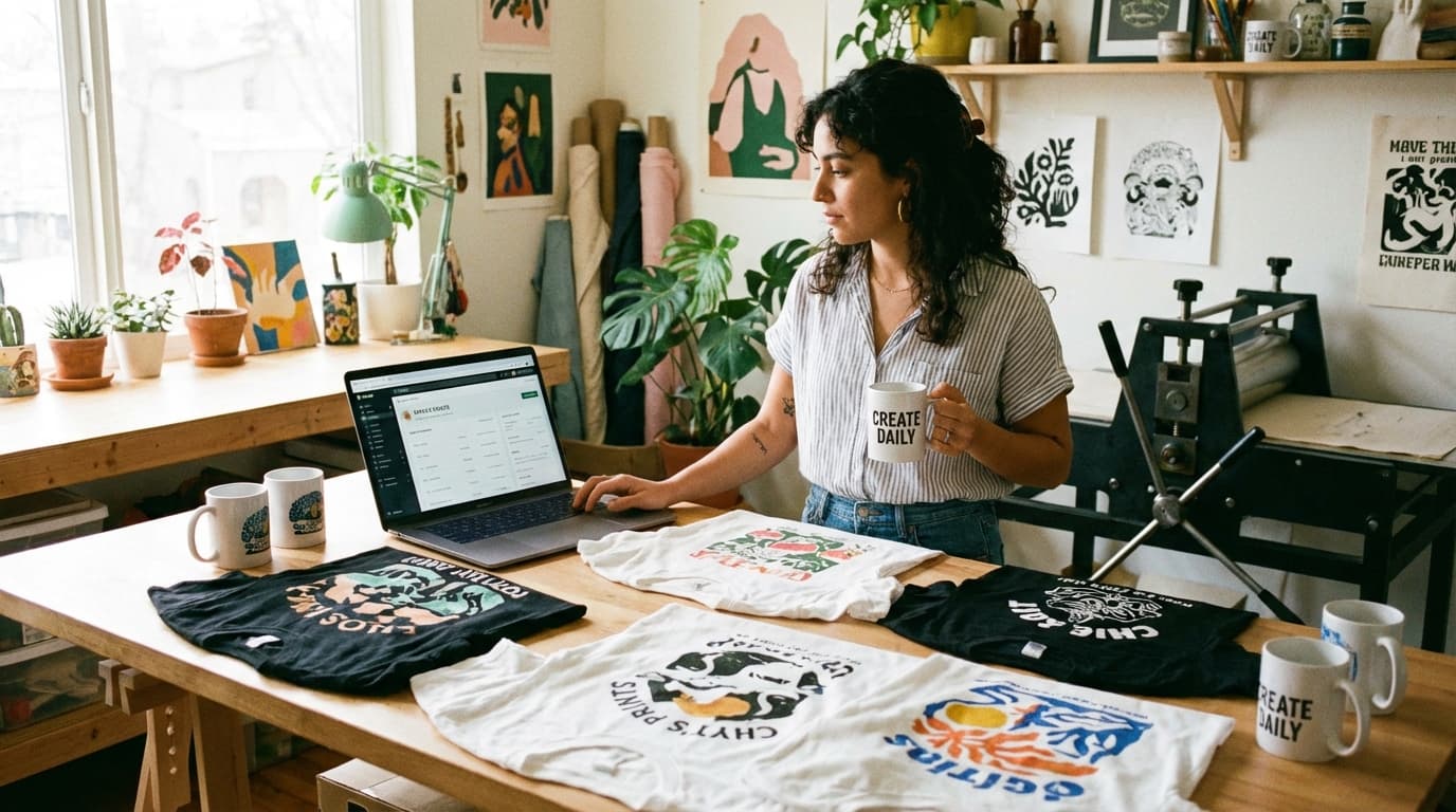 Person som designer produkter for trykk-på-bestilling på en bærbar datamaskin