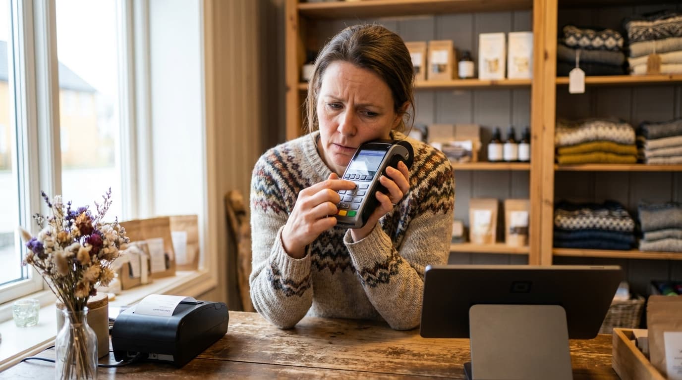 Butikkeier inspiserer bankterminal som ikke fungerer over disken i en liten norsk butikk