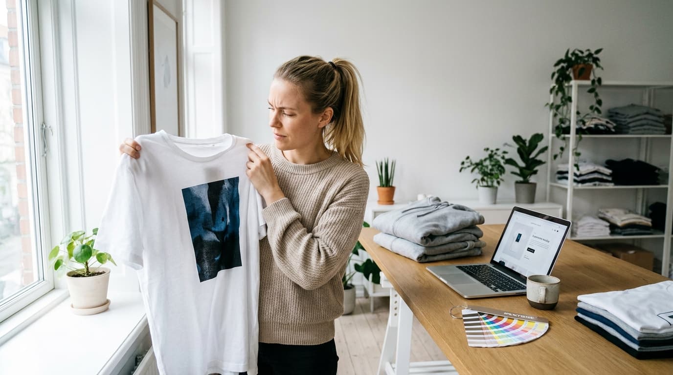 Klesdesigner inspiserer trykk-på-bestilling prøve av t-skjorte i moderne studio