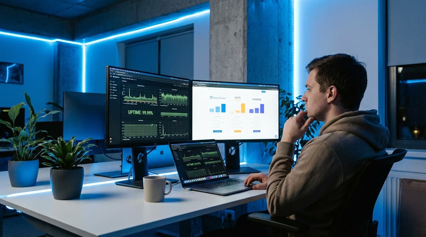 Serverrom med blått lys og kabler