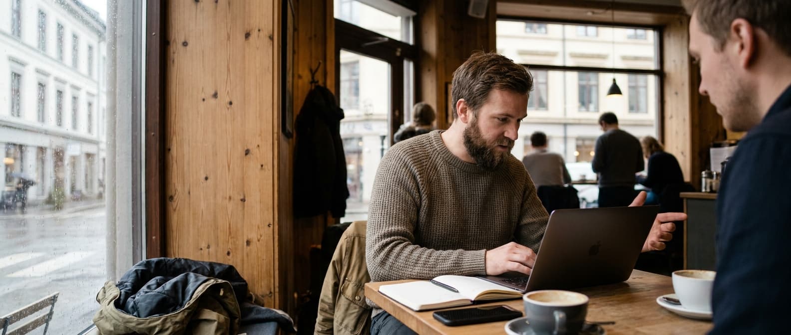 Bedriftseier i møte med nettsidebyrå om designforslag