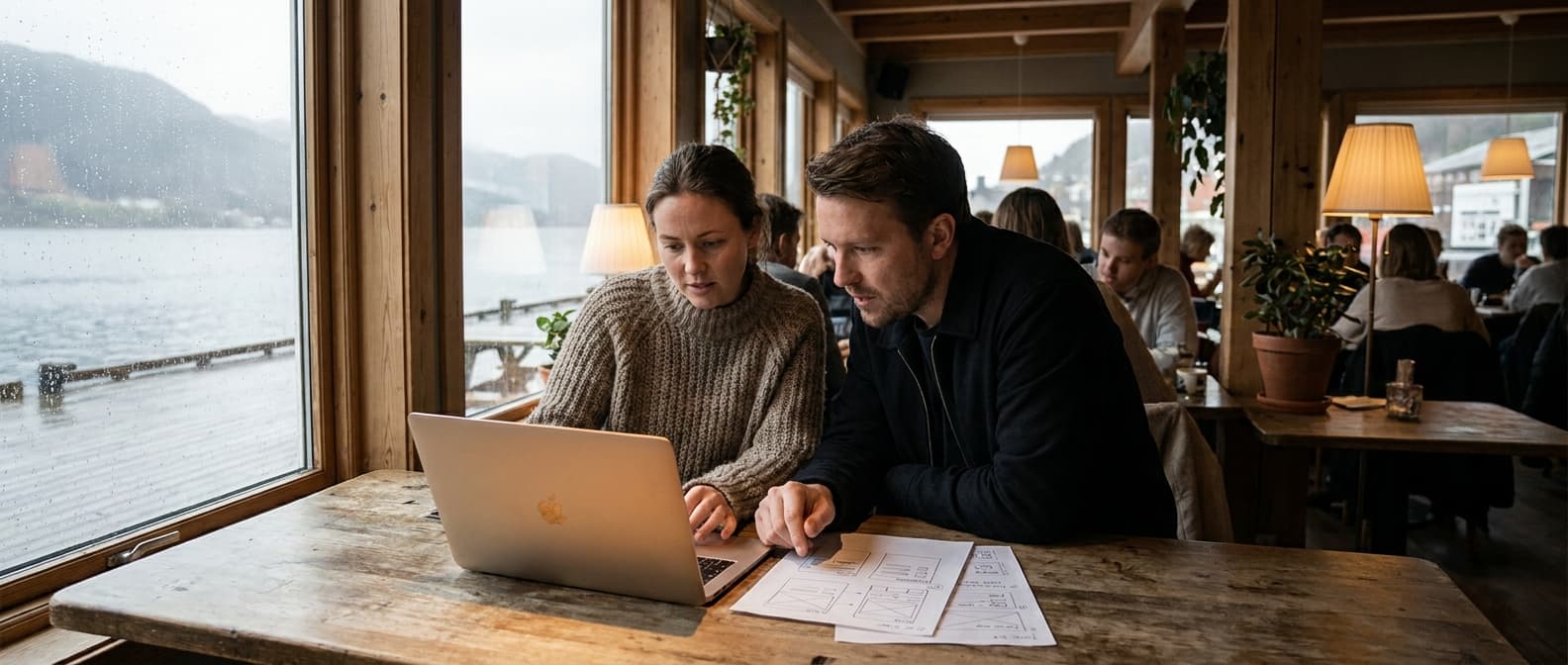 Designer og bedriftseier ser sammen på skisser av ny nettside på skjerm