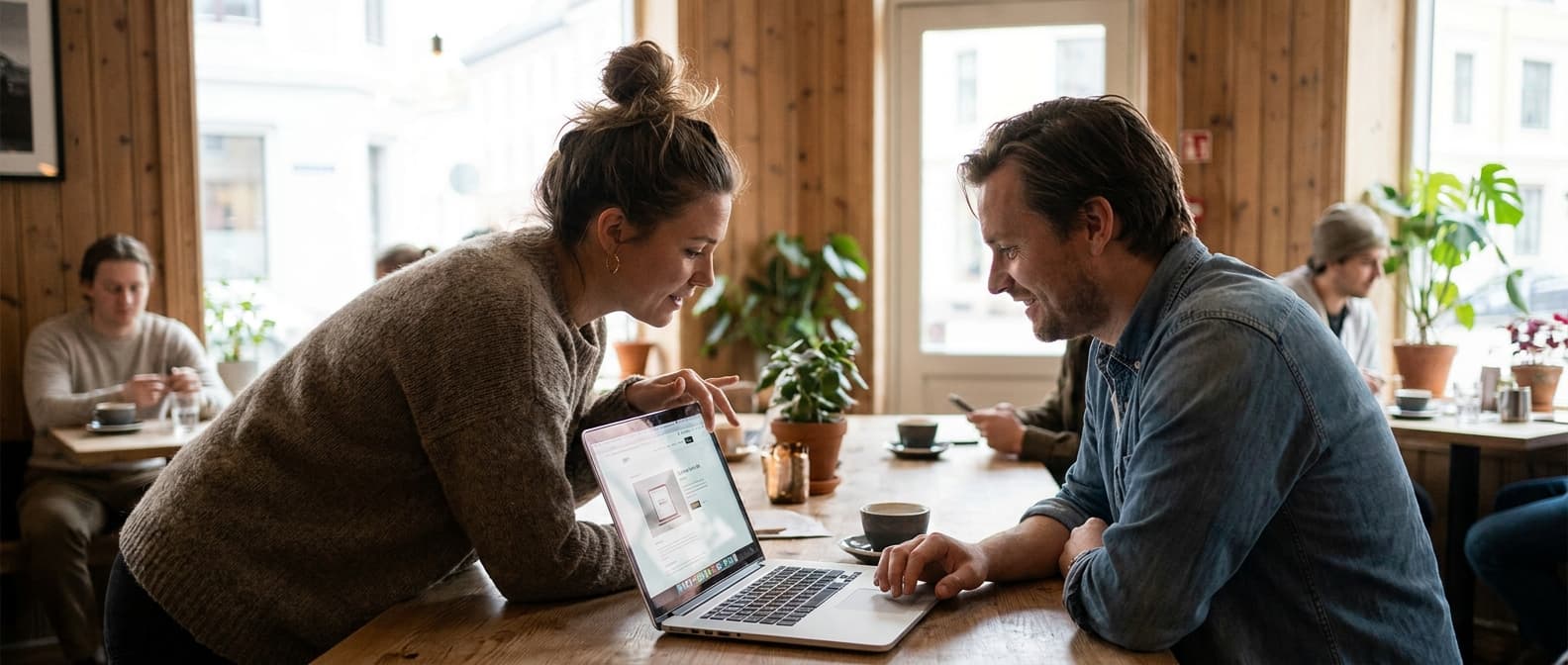 Utvikler og bedriftskunde som ser på nettside sammen på et kontor