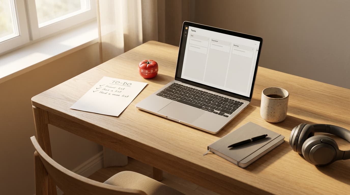 Ryddig arbeidsplass med papir-to-do-liste, pomodoro-timer og laptop med oppgavetavle