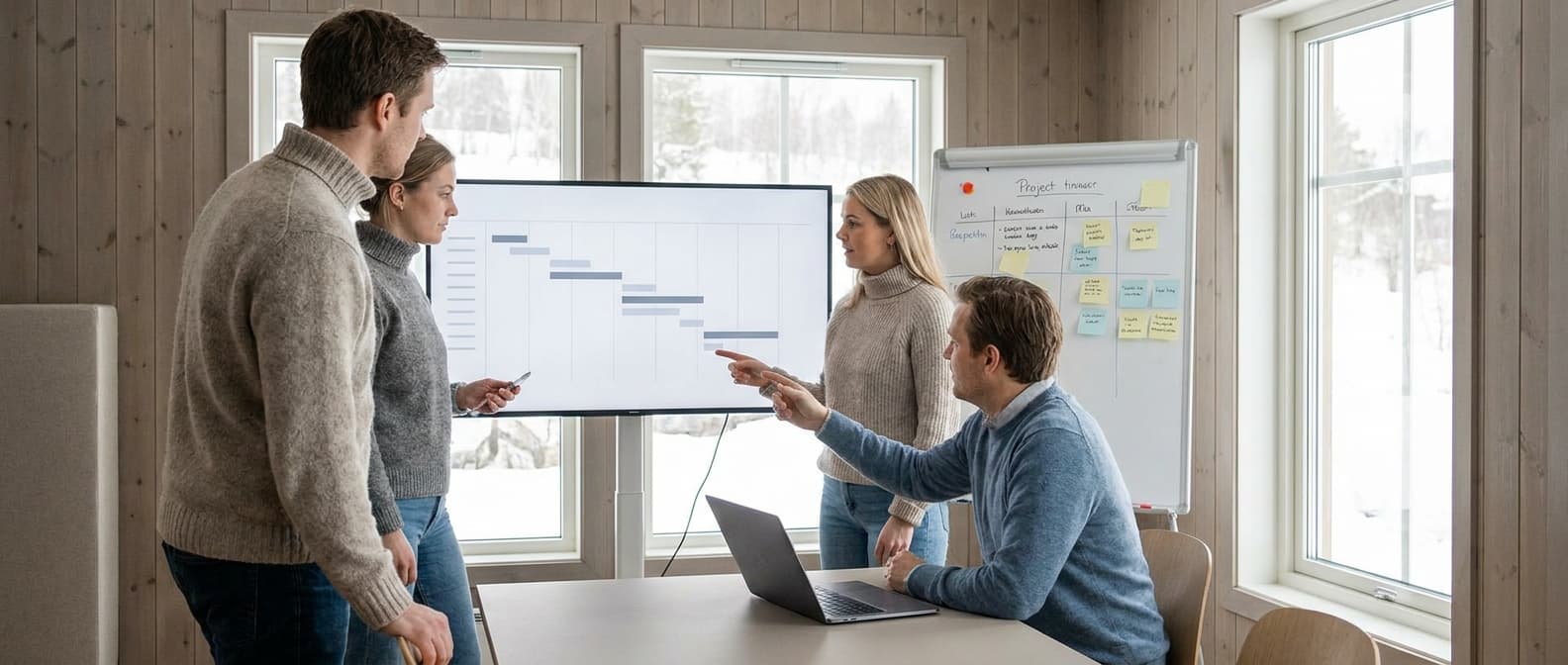 Team som jobber med prosjektstyringsverktøy på storskjerm