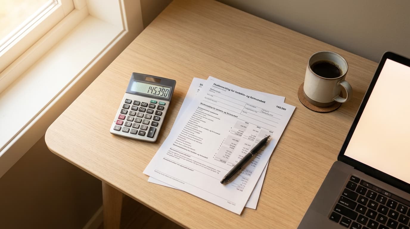 Kalkulator og skattemelding på et pent ordnet kontorbord med notater og kaffekopp