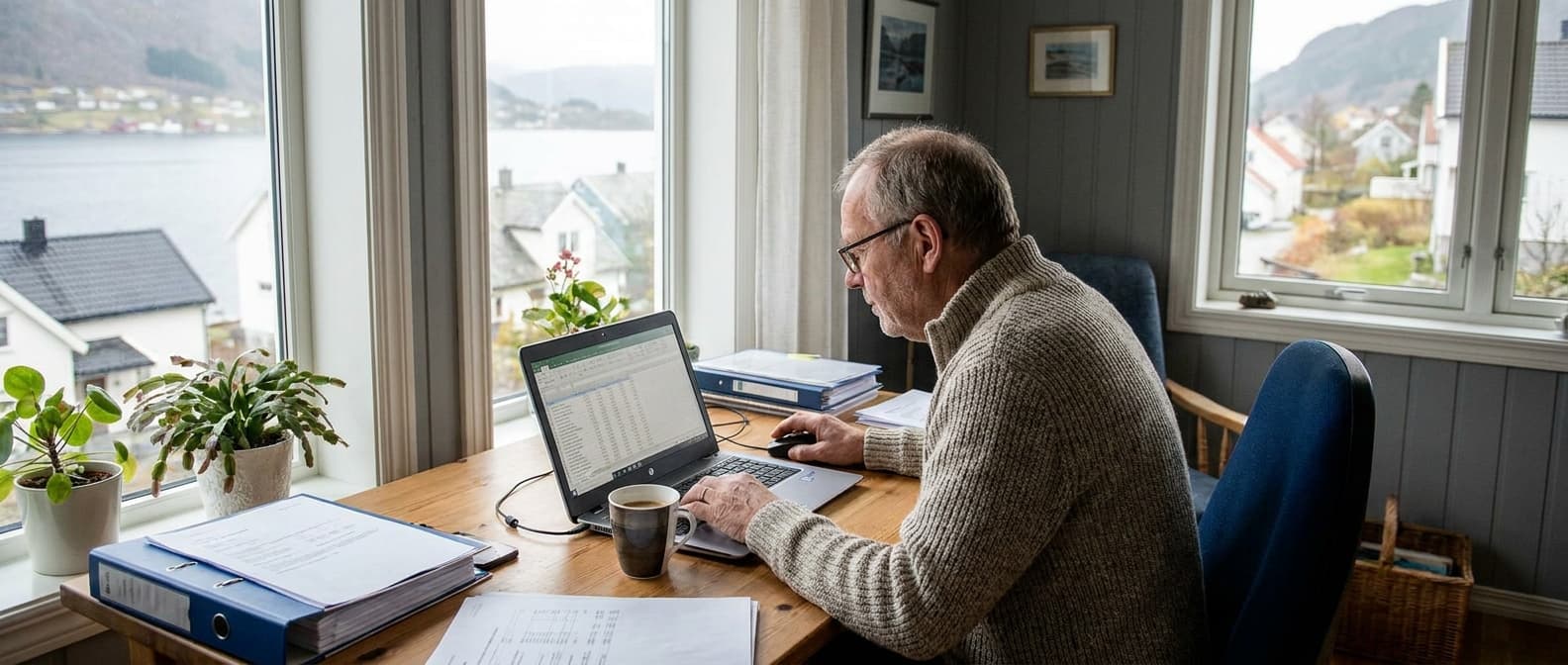 Bedriftseier som bruker regnskapsprogram på laptop