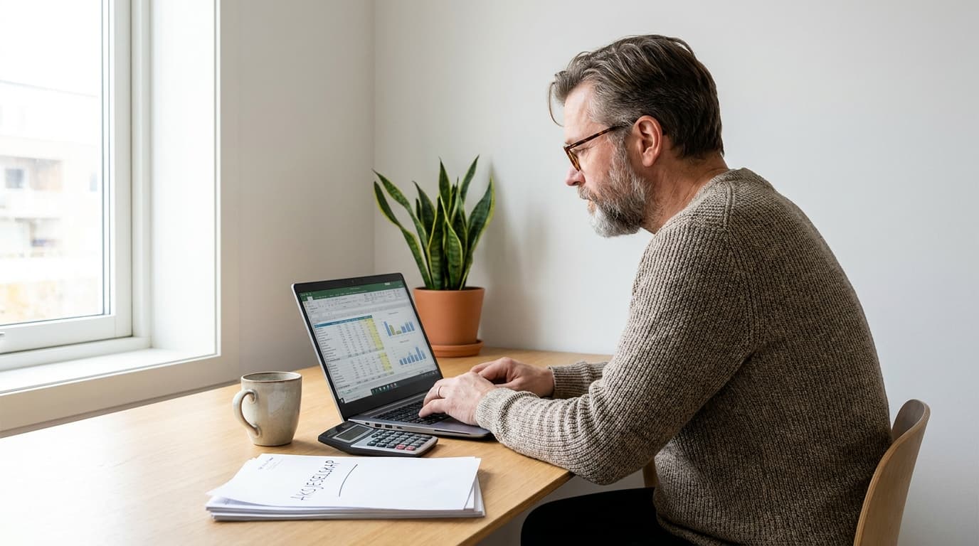 Norsk aksjeselskap-eier vurderer utbytte på laptop hjemme på kontoret