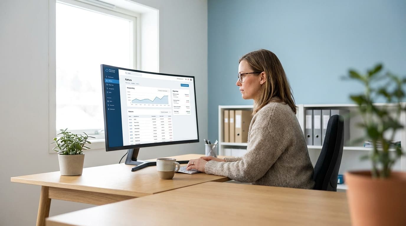 Bedriftseier ser på regnskapsdashboard i moderne norsk kontor