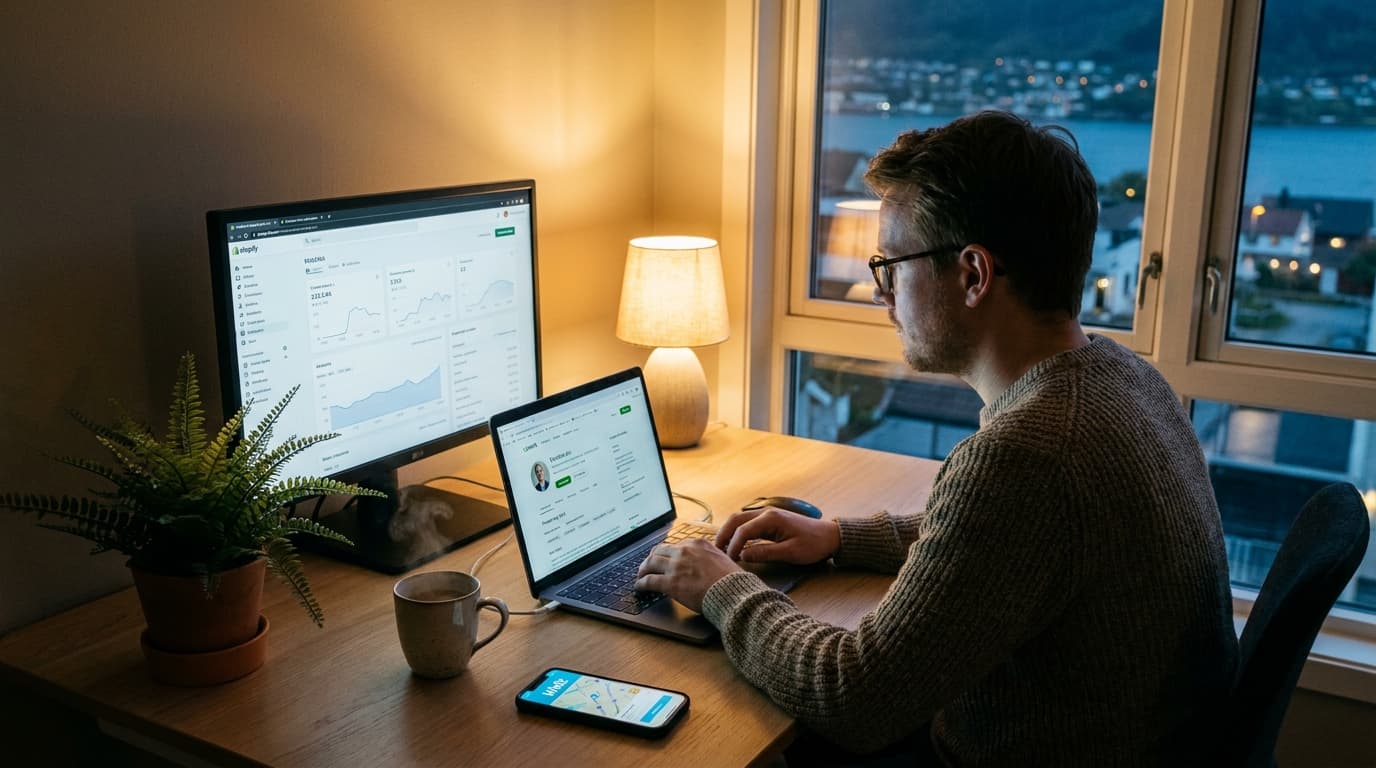 Person sitter ved et hjemmekontor på kveldstid med laptop og flere skjermer som viser ulike sidejobb-plattformer