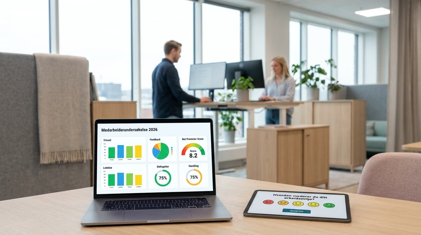 Medarbeiderundersøkelse og dashboard vist på skjerm i norsk bedriftskontor