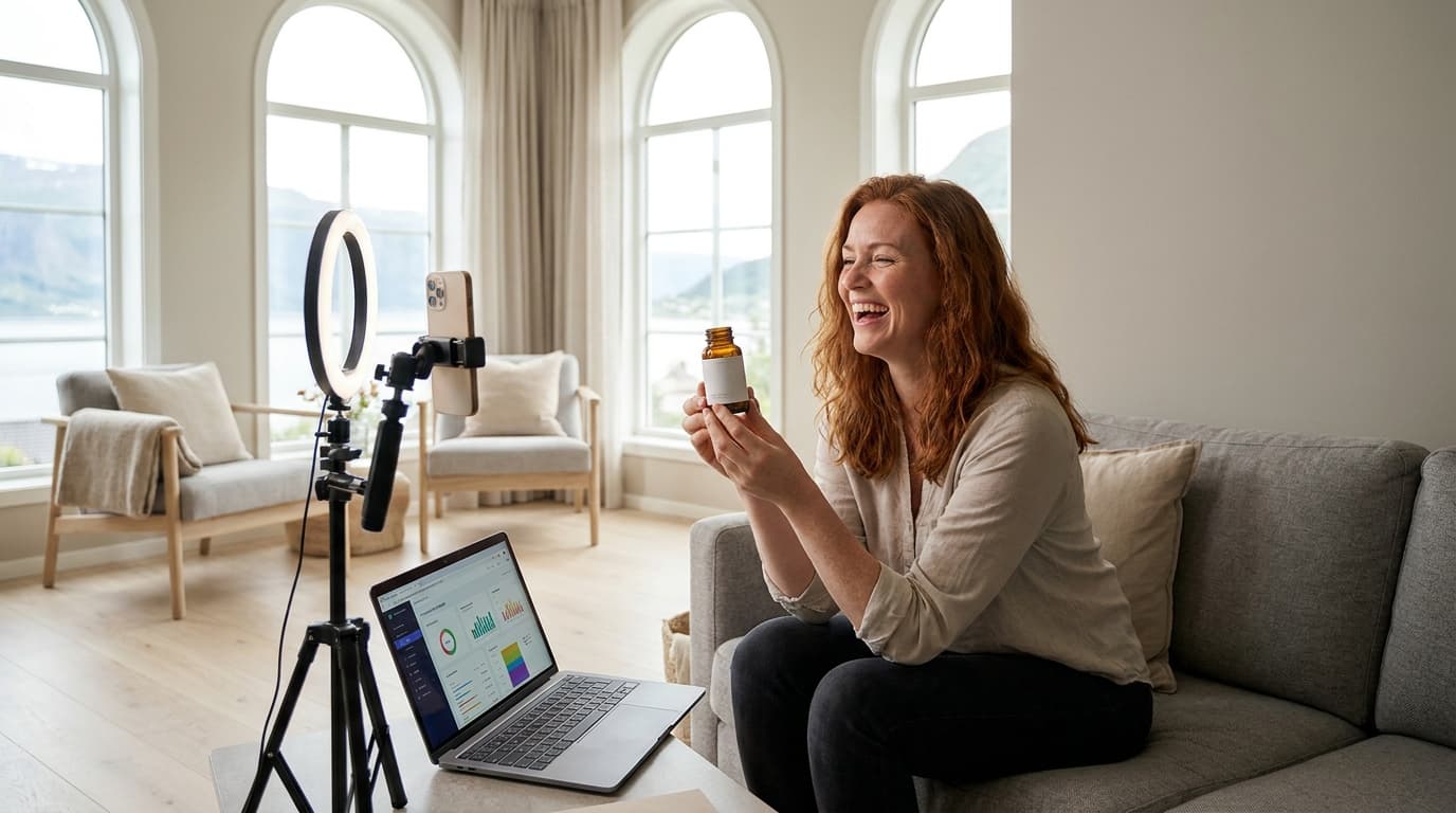 Norsk innflytelsesperson filmer en samarbeid-post med smarttelefon og ringlys i lyst nordisk stue