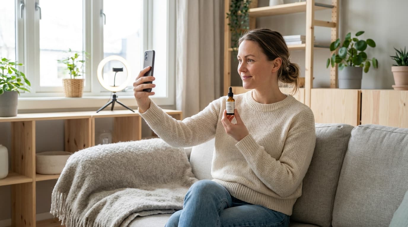 Ung norsk kreatør filmer et produkt med mobiltelefonen sin hjemme i lys stue