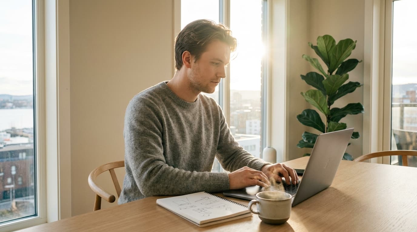 Ung norsk gründer jobber på laptop ved hjemmekontoret i morgenlys