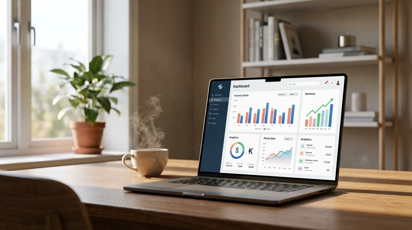 Laptop på hjemmekontor som viser dashbord med inntekt og statistikk