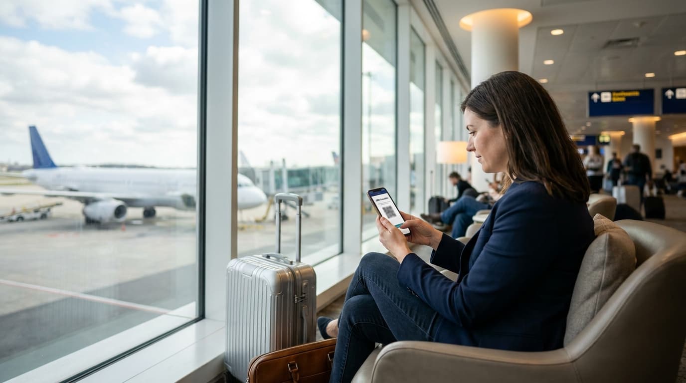 Forretningsreisende aktiverer eSIM på mobilen sin på en flyplass før avgang