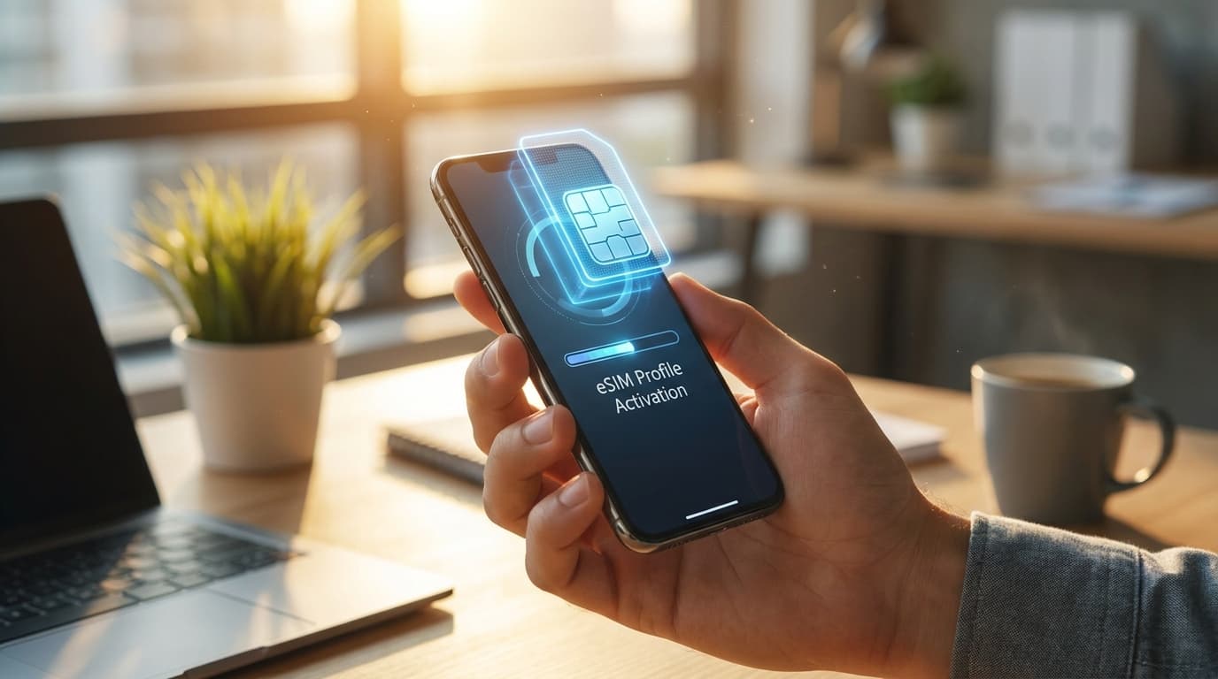 Hender holder en moderne smarttelefon med en digital SIM-profil som aktiveres på skjermen