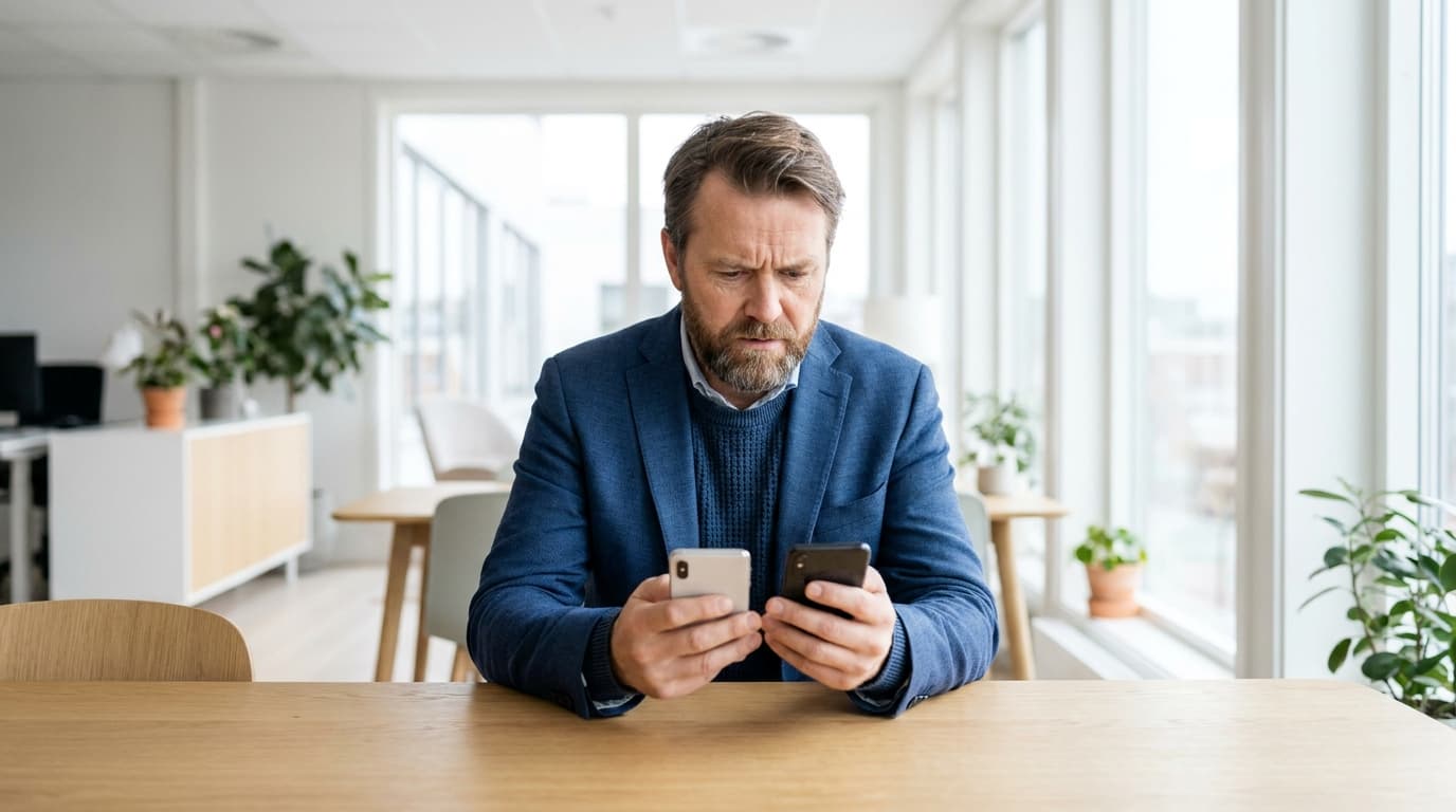 Norsk forretningsmann sammenligner flere mobiler på et moderne kontor