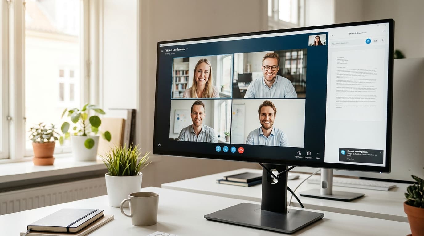 Videomøte med flere deltakere på en ultrabred skjerm i et lyst kontor