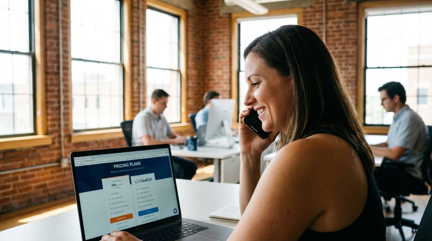 Ansatt som sammenligner telefoniløsninger på en bærbar datamaskin på kontoret