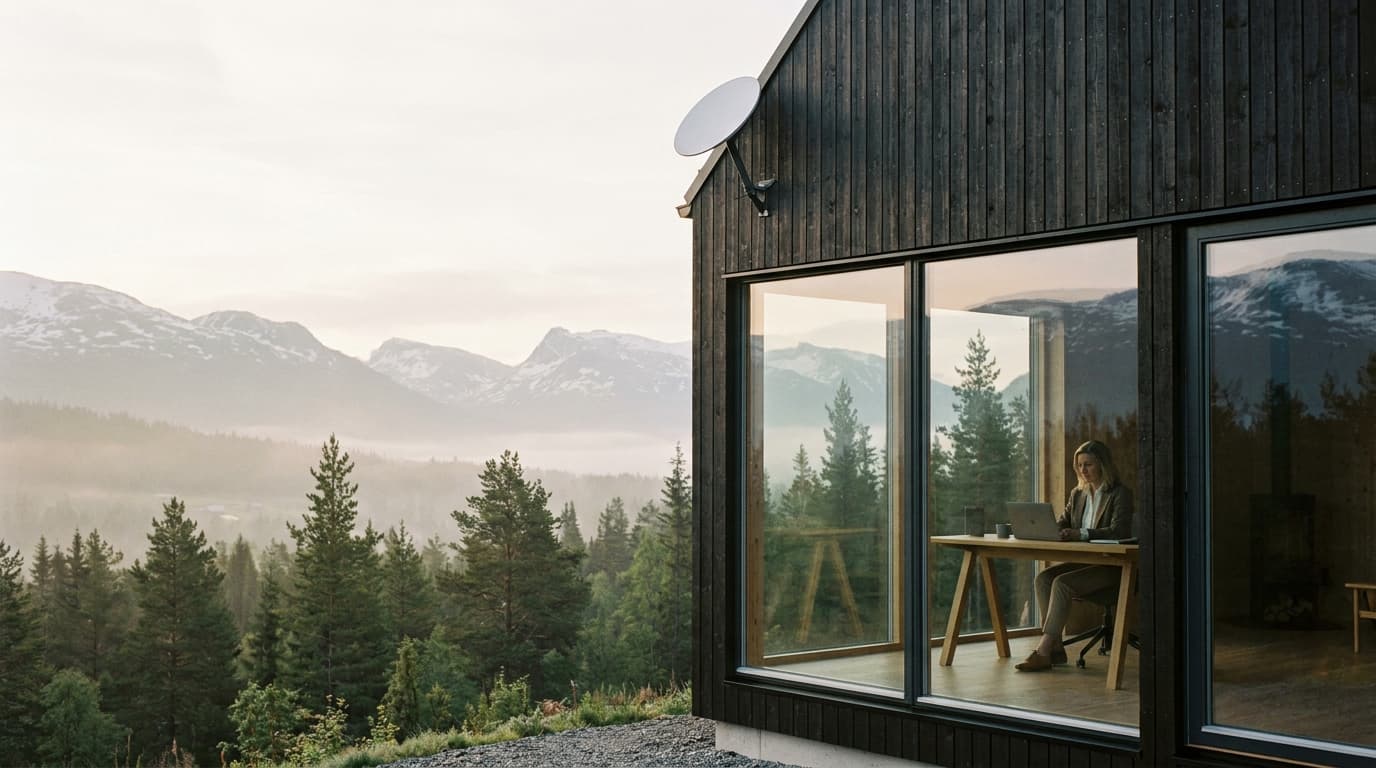 Starlink-parabol montert på norsk kontor i distriktet med fjell og furuskog i bakgrunnen