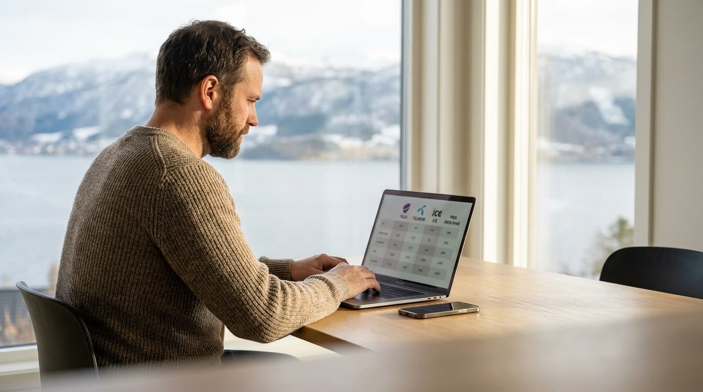 Norsk bedriftseier sammenligner teleleverandører på en bærbar datamaskin