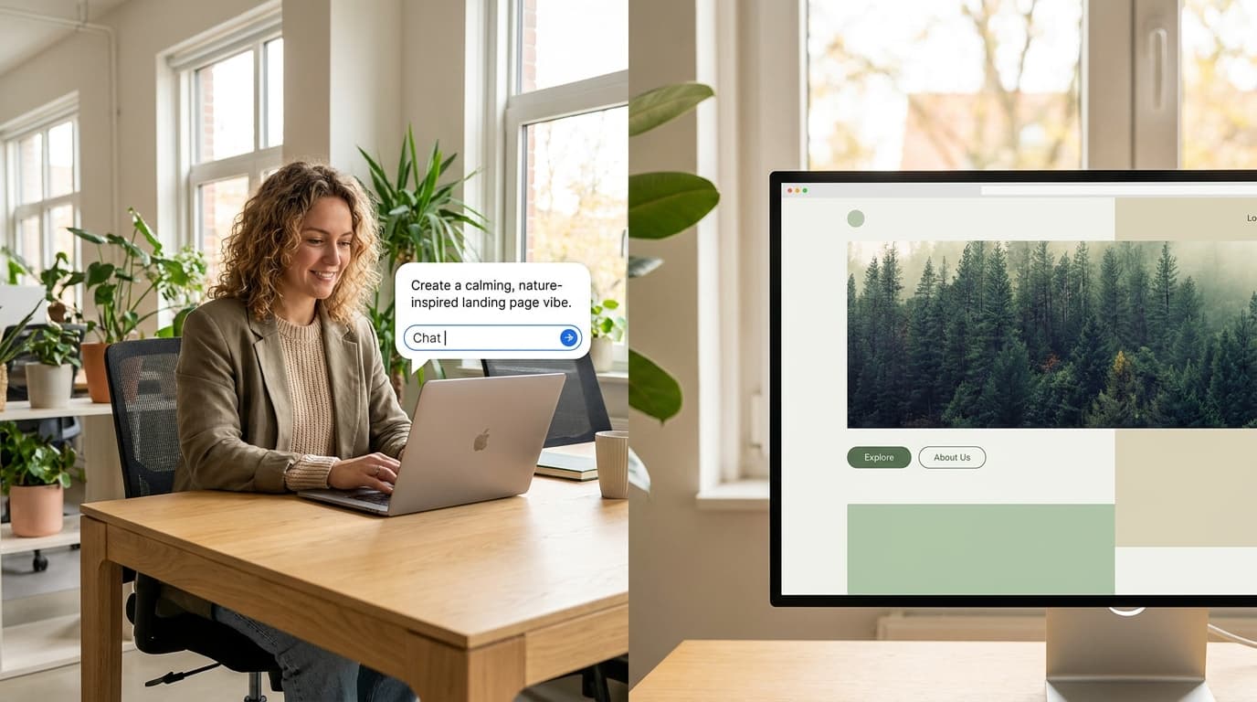 Person som skriver en beskrivelse i naturlig språk og ser hvordan kunstig intelligens bygger en webapp på skjermen