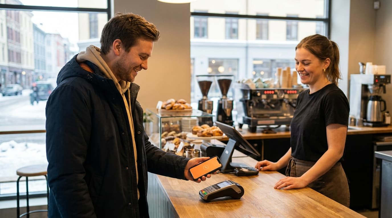 Kunde betaler barista med Vipps-appen på mobilen i en norsk kafé