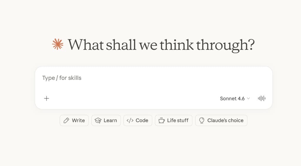 Claude startskjerm med spørsmål og kategori-valg