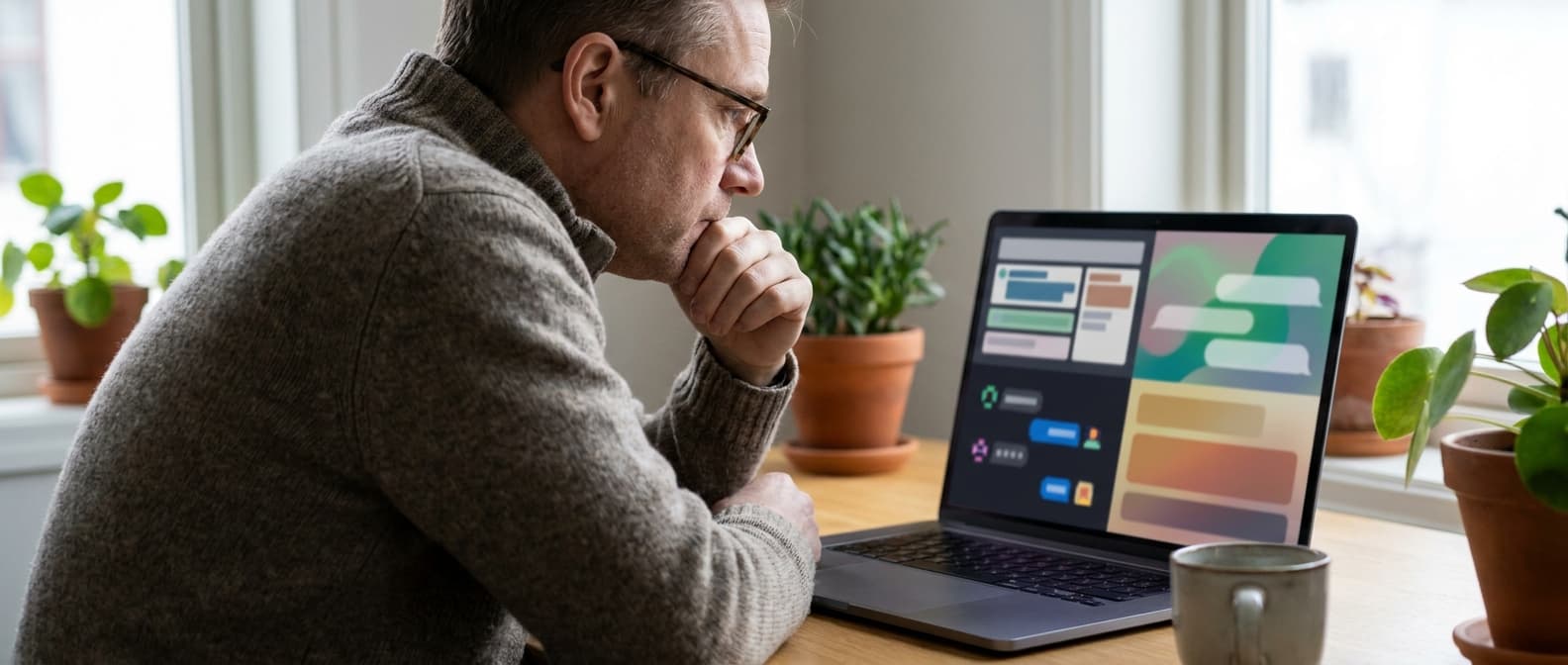 Norsk kontorarbeider som sammenligner flere AI-chatter på samme skjerm