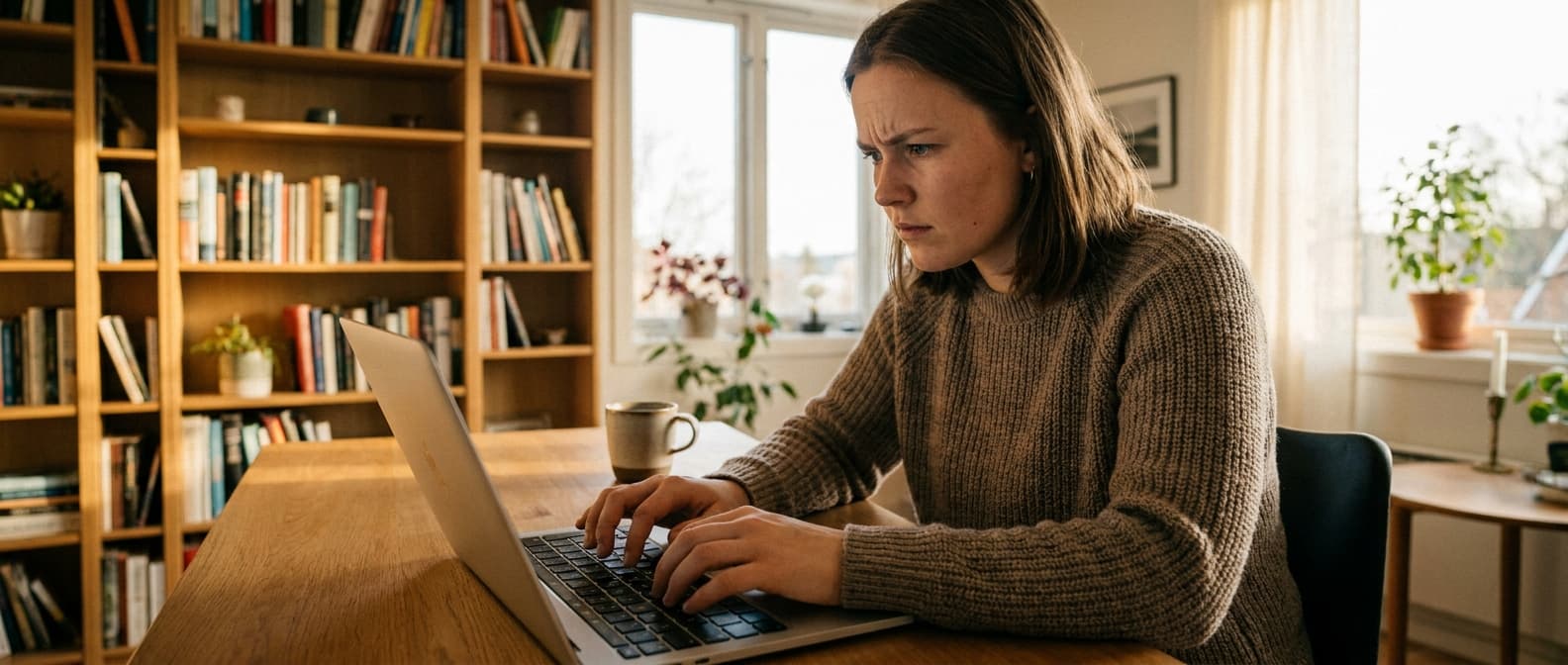 Norsk ansatt som skriver på norsk på bærbar PC i et lyst hjemmekontor